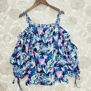 Lane‎ Bryant Cold Shoulder Floral Half Balloon sleeve Chiffon Blouse 22/24